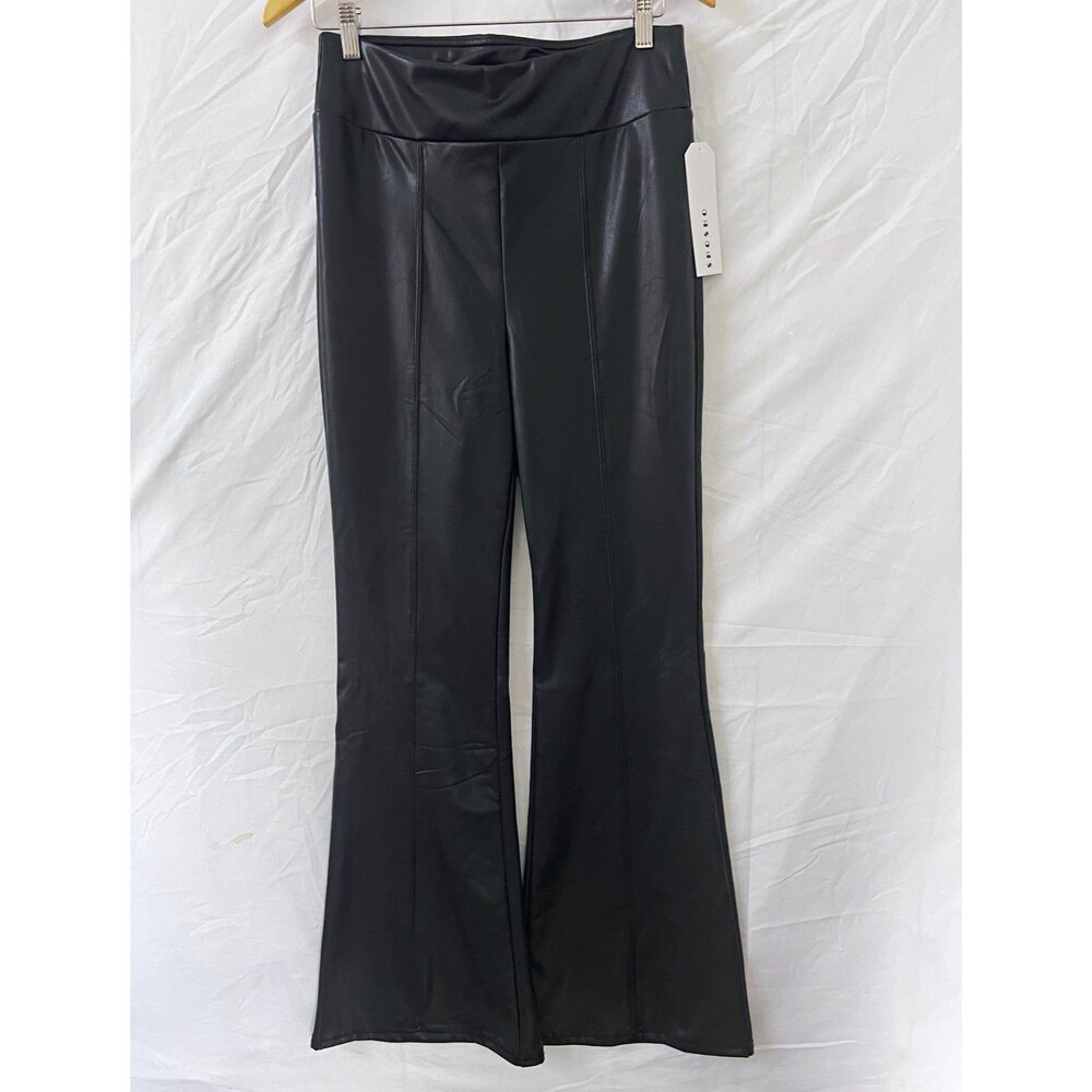 Shosho Women’s Black Faux Leather Pull-On Stretch Flat Front Flared Pants L
